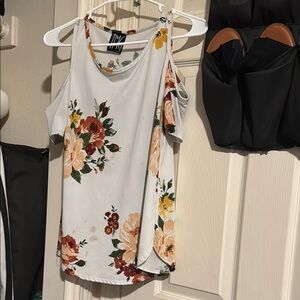 Floral Cold Shoulder Top - White and Multicolor